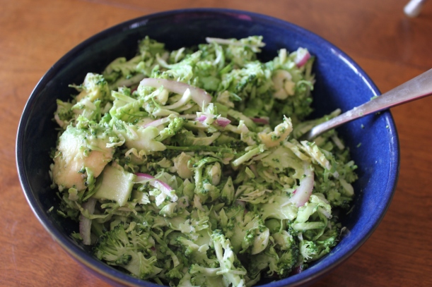 Shaved Brussel Sprout and Broccoli Salad with Avocado and Lemon Dijon Vinaigrette 