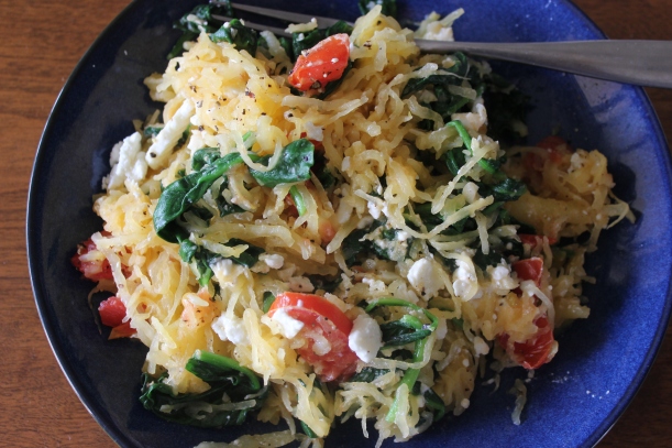 Garlicky Spaghetti Squash with Spinach, Tomatoes and Feta