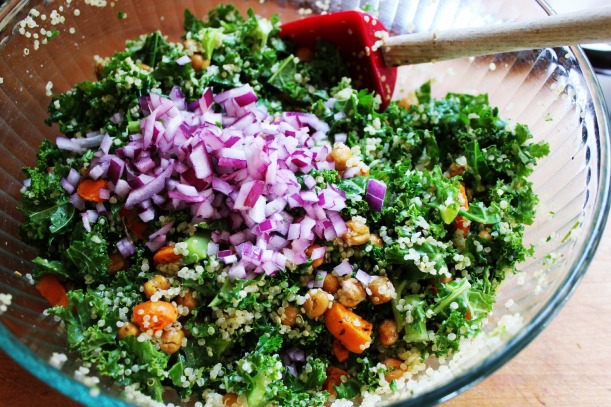 Kale Salad with Quinoa, Sweet Potatoes & Tahini Dressing