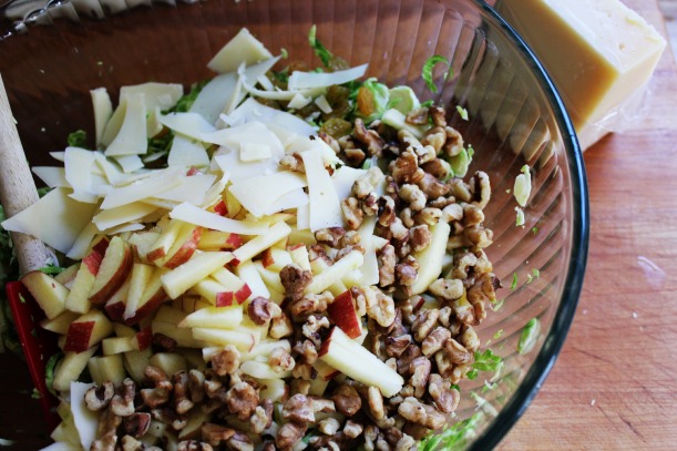 Brussel Sprout Salad with Apples, Golden Raisins, Walnuts & Parmesan
