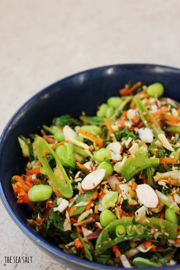 Shredded Asian Salad with Kale, Snow Peas & Toasted Almonds